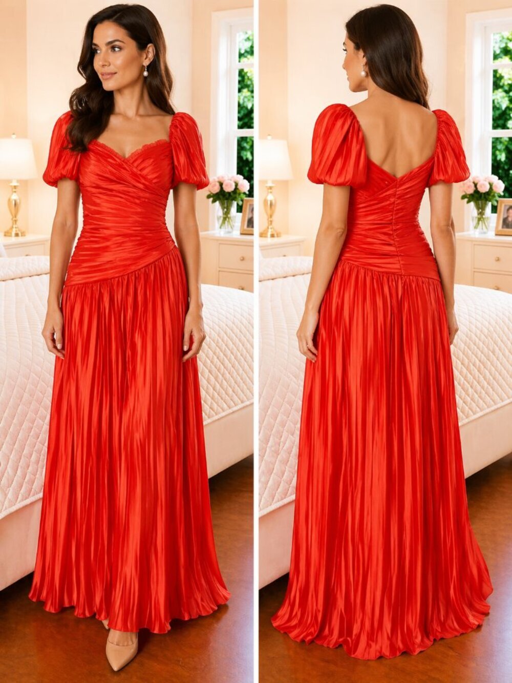 NWT ASOS Design Puff Sleeve Lace Trim Pleated Maxi Gown $100